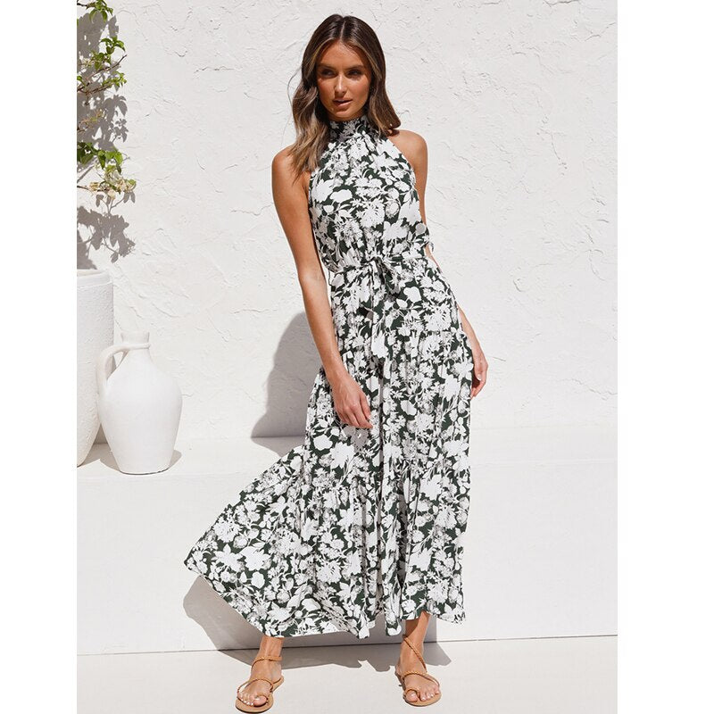 jinran Polka Dots Vintage Women Summer Halter Maxi Boho Dress Sleevless Navy Blue Floral Print Long Sash Beige A-line Beach Casual Robe