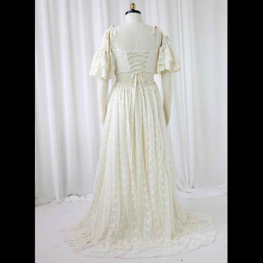 nvxiot - Beige Lace Two-Piece Suspender Photo Shoot Dress Bohemian Photo Shooting Pregnancy Dress Photography Dress For Women