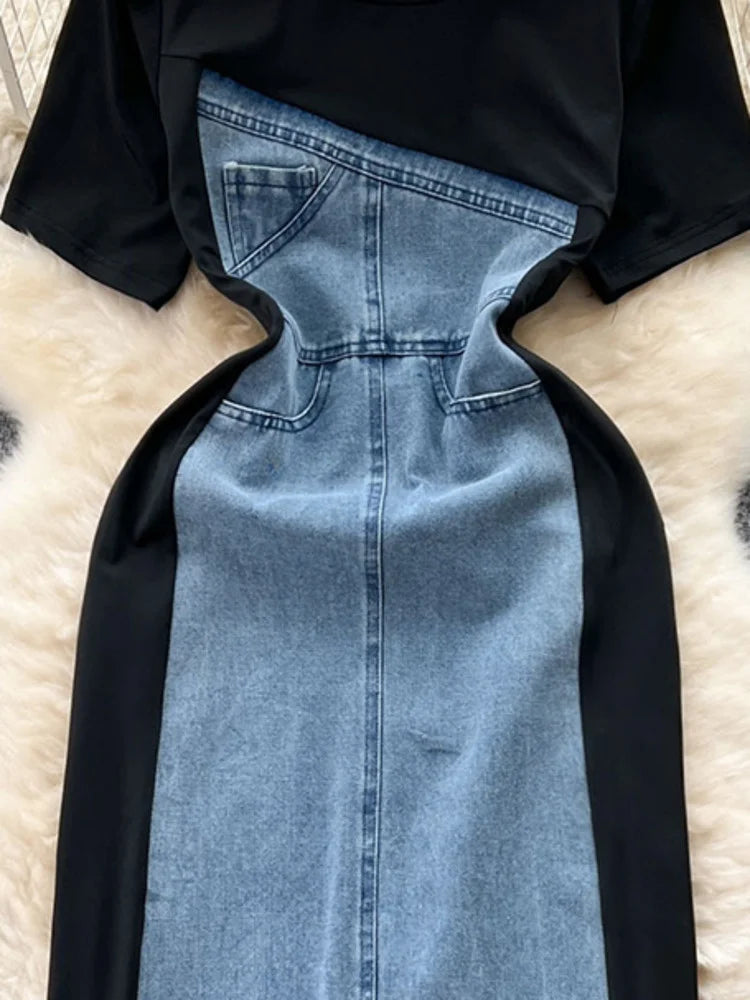 jinran Temperament Contrast Color Patchwork Denim Dress For Women Fashion Short Sleeve O-neck Dresses Female 2023 Summer 27SN4063