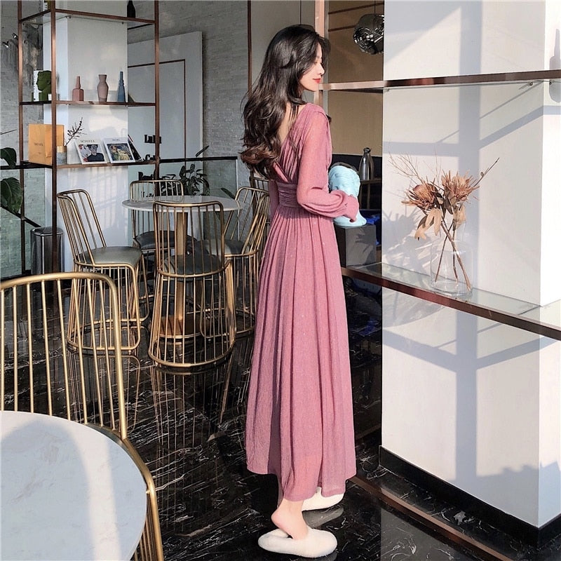 jinran Vintage Sexy Maxi Dresses for Women Party Sequin Midi Dress Female Casual Chiffon Slim Korean Woman Dress Elegant Autumn