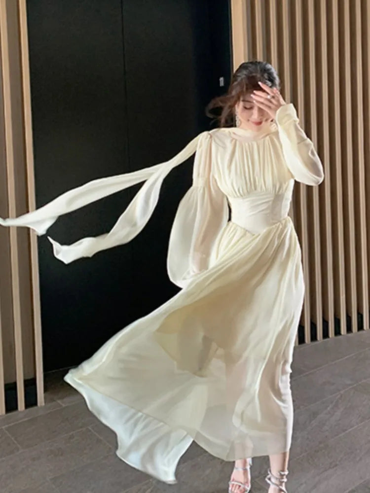jinran French Elegant Slim Ruffle Dress Summer Women Graduation Evening Party Robe Female Bubble Sleeve Korean Chiffon Vestidos