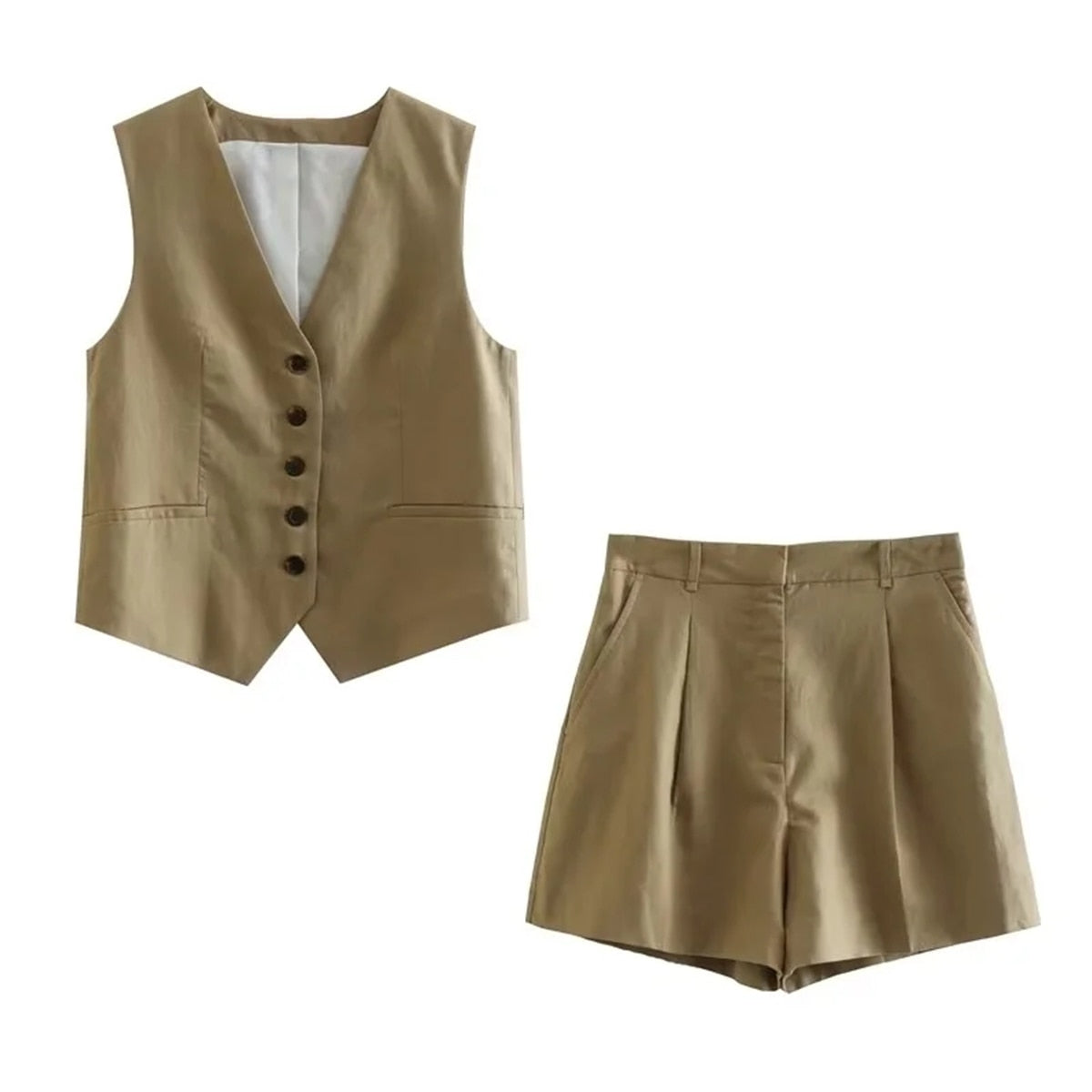 jinran Cotton Linen Brown Spring Summer Pockets Shorts Vest Set Sleevless Button Up V Neck Wide Leg Outfits 2 Pcs Suit Femme