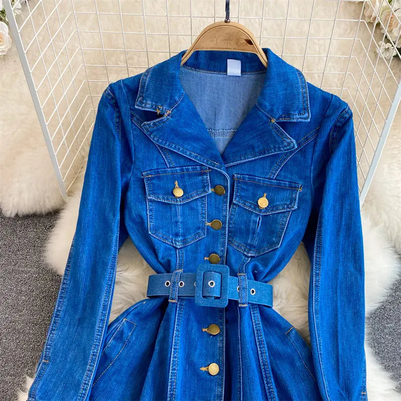 jinran 2024 Spring Autumn Retro High Quality Long Sleeve Suit Collar Double Breasted Slim A Line Denim Dress Women Shirt Jacket T1485