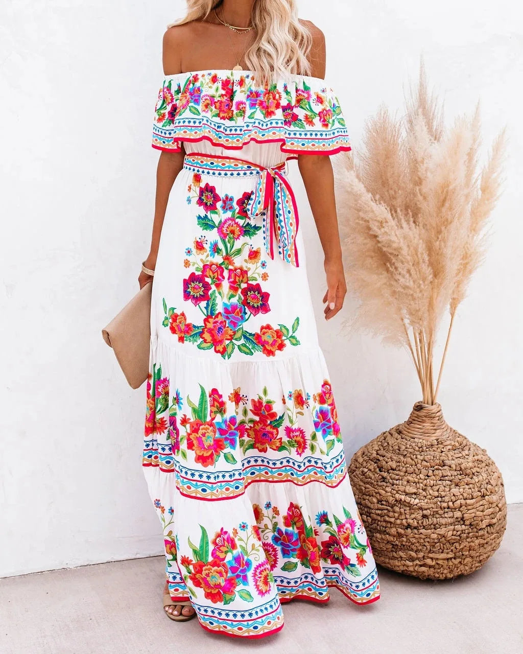 jinran Summer Women Print Boho Dress Fashion Sexy Slash Neck Maxi Dresses For Femme Casual Elegant Party Vestidos Robe 2024 New Female