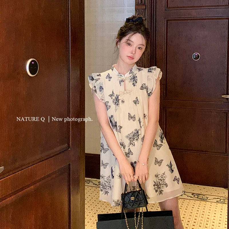 jinran Elegant Dresses for Women Summer New Chinese Style Butterfly Print Casual Party Dress Female Vintage Vestido Prom Robe 2024
