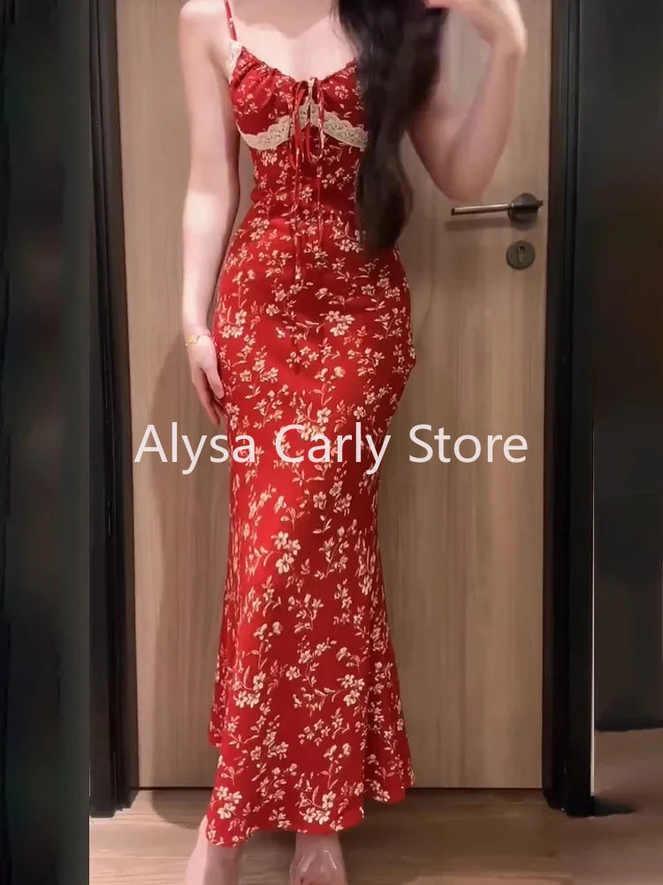 jinran Red Floral Sexy Slip Dress Women Elegant Vintage Long Lace Bodycon Dress Summer Beach One Piece Dress Female Korean Style Party