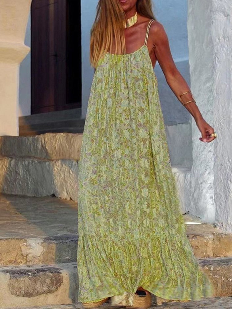 jinran Women's Fashion Retro Loose Print Sling Dress Summer Bohemia Style Beach Seaside Maxi Dress Elegant Chic New Pattern Long Dress