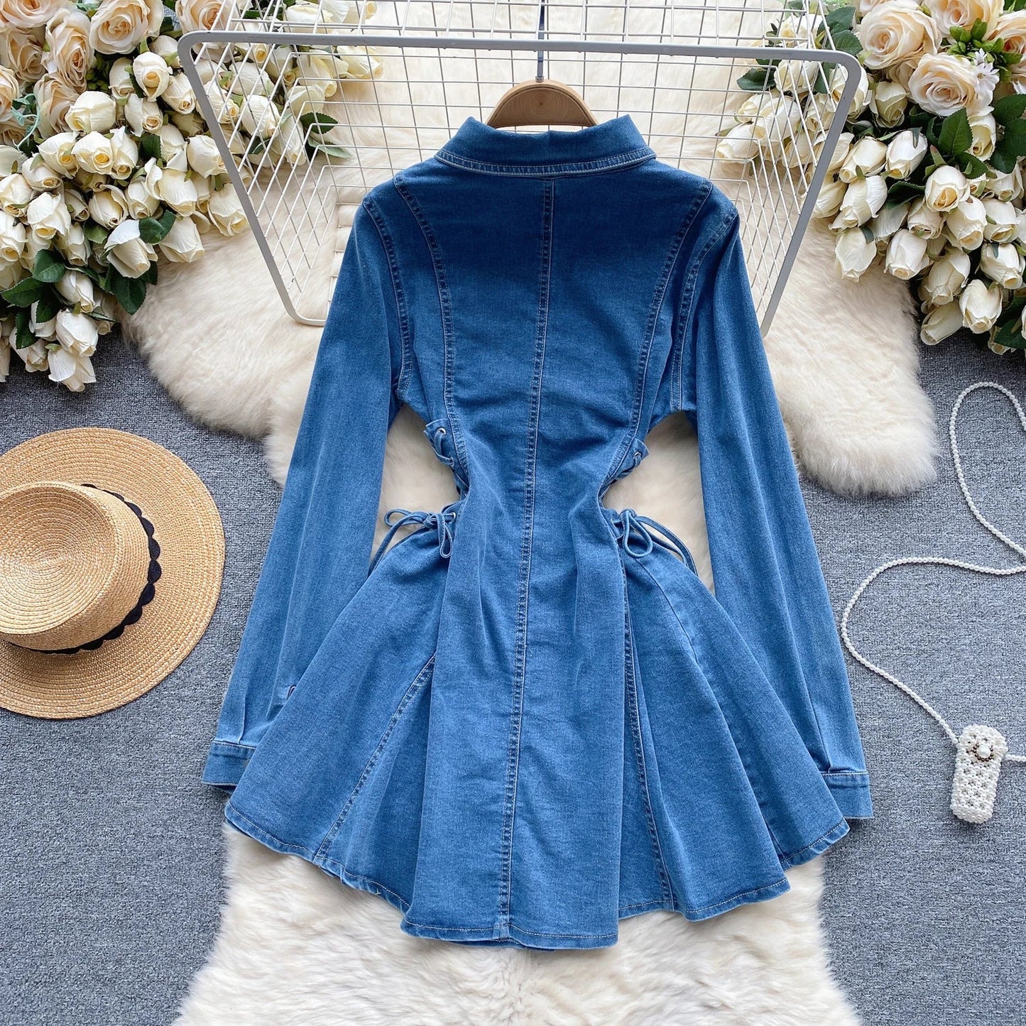 jinran Women Single Breasted Denim Dresses Retro Waist Slimming Temperament Turn-down Collar Bandage Slim Short Jeans Dresses