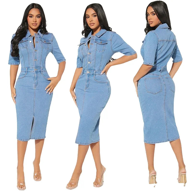 jinran New Arrival Knee-length Half Sleeve High Elastic Denim Dresses for Women 2024 Vestidos Para Muje Summer Party Club Bodycon Dress