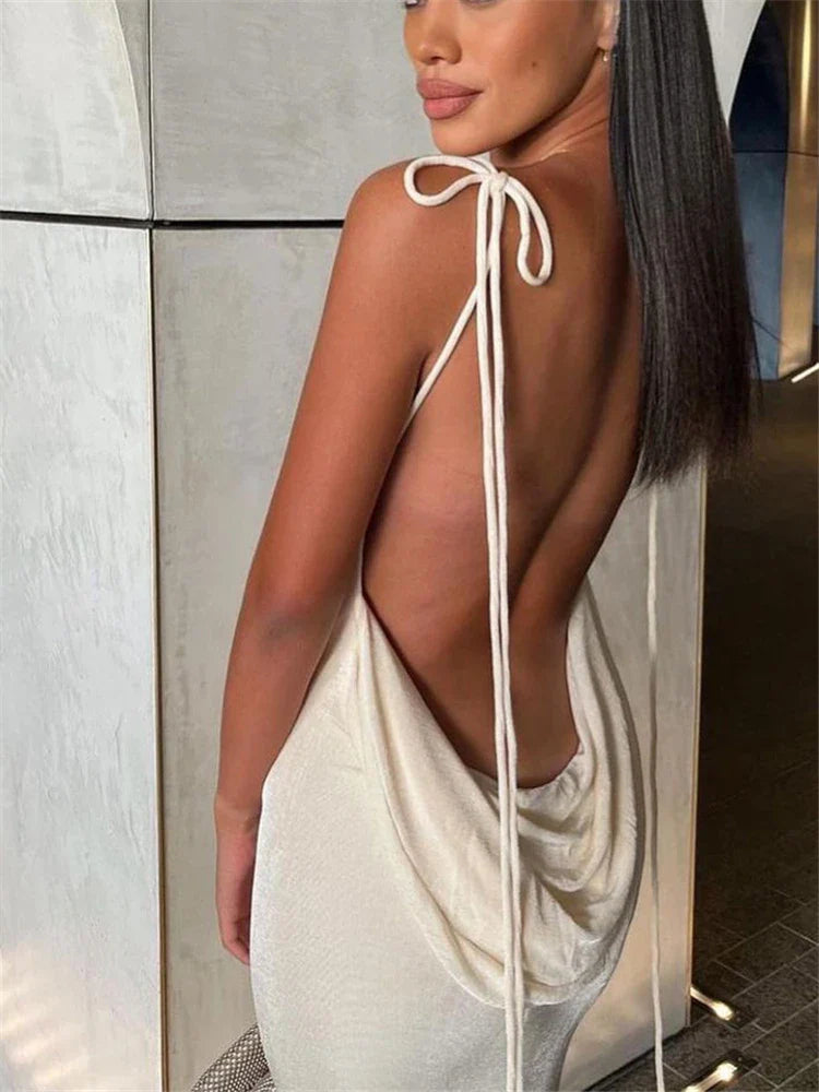 jinran Women Sexy Swing Collar Backless Sleeveless Maxi Prom Dress Drawstrings Elegant Bodycon Solid Party Dresses 2022 Summer