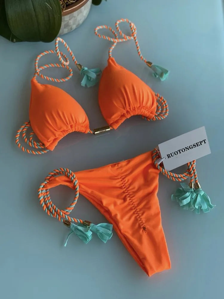 jinran Swimwear Thong Bikini Set 2024 New Blue Swimsuits Woman Sexy Bathing Suits Bikinis Triangle Bandage Female Beachwear Bikini