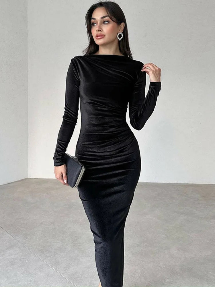 jinran Elegant Velvet Long Sleeve Sexy Maxi Dress For Women Autumn Winter New Fashion O Neck Bodycon Club Party Long Dress
