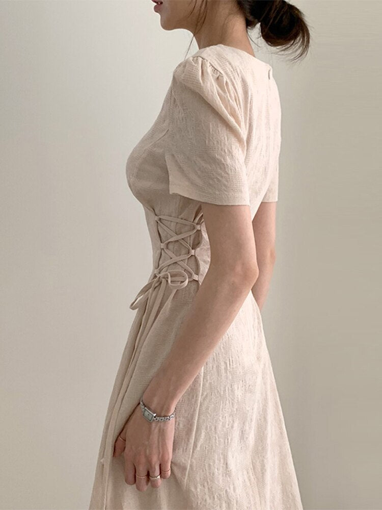 jinran Dresses Women Summer Beige Dress Jacquard Elegant Drawstring Clothes V-neck 2023 Fashion Korean Short Sleeve High Waist