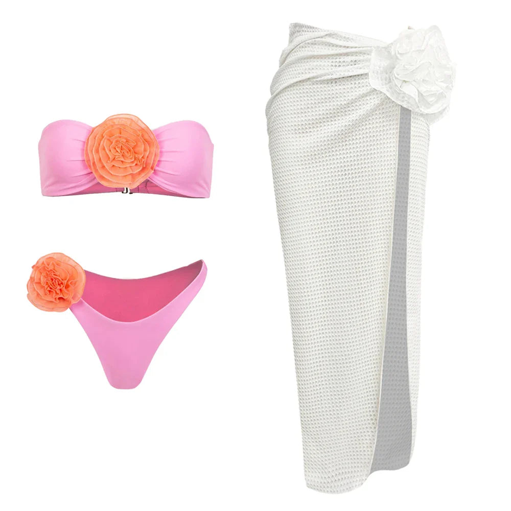 jinran 3Packs Bikini Swimsuit With Beach Skirt 2024 3D Flower Swimwear Swimsuits Bathing Suits Sarongs Print Beachwear Ashgaily Biquini