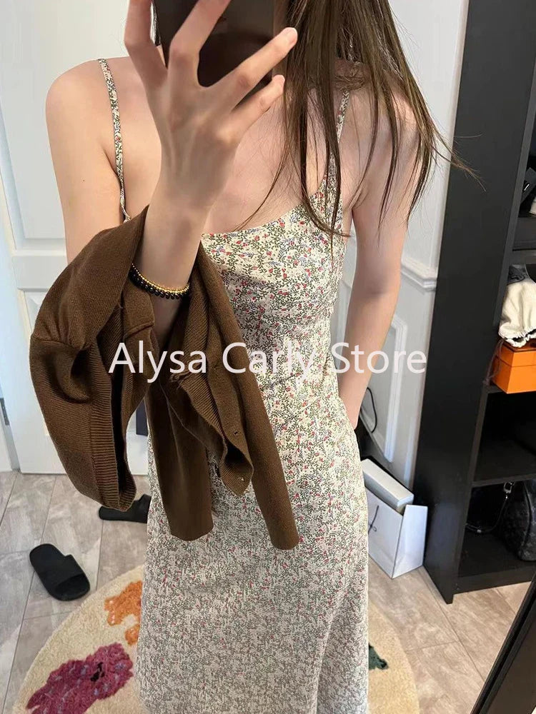 jinran Elegant Sexy Floral Slip Dress Women Sweet Slim Korean Style Party Dress Female 2024 Summer Casual Evening Holiday Beach Dress
