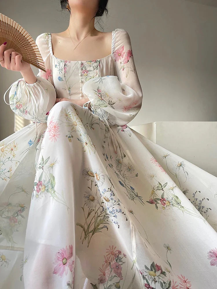 jinran Summer French Floral Midi Dress Elegant Chiffon Long Sleeve Party Dress Woman Beach Evening Fairy One Piece Dress Korean