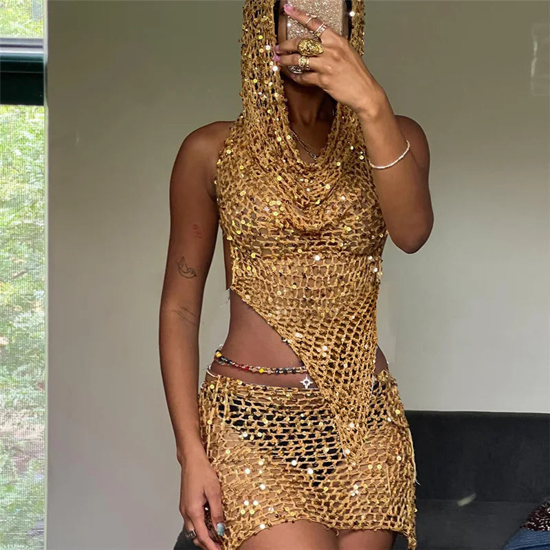 jinran Gold Sequin 2 Piece Knit Set Women Hooded Top and Shorts Trashy Y2k Streetwear Sexy Summer Rave Outfits Sets Two Piece Set