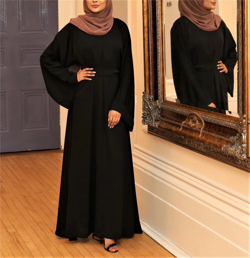 jinran Summer Elegant Solid Color Colorful Temperament Long Skirt Ladies Open Shouder Robe Satin Large Size Belt Muslim Woman Abaya