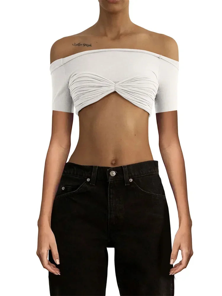 jinran Women Sheer Mesh Crop Top Twist See-Through Mesh Knit Copped Shirt Tops Bustier Off-Shoulder Long Sleeve Summer Hot Tops