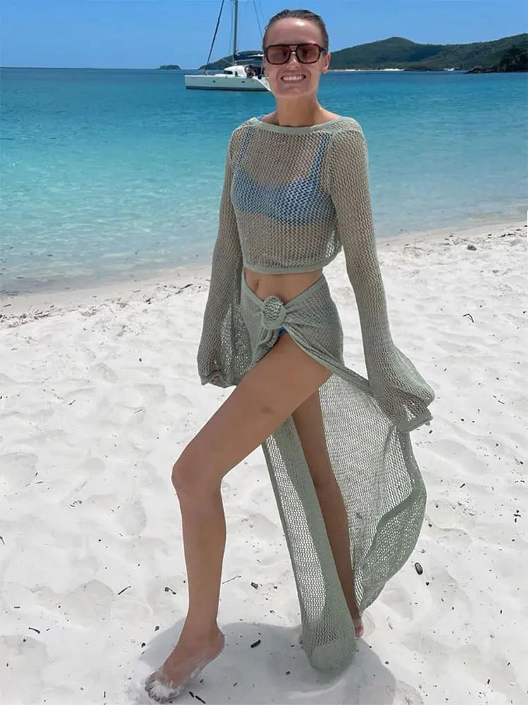 jinran Sexy Knit Cut Out Bell Sleeve Short Top Lace-up Beach Slit Leg Skirt Suit Summer Women Bikini Cover-ups Beachwear Set BeachCover