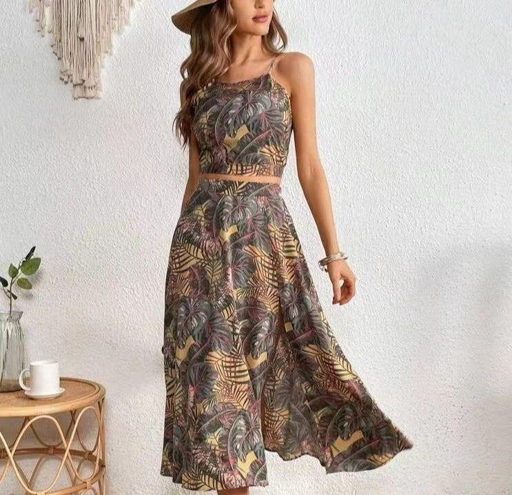 jinran Summer new women's fashion casual halter sleeveless vest print waist dress