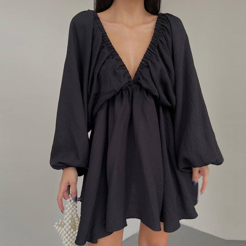 jinran Women Elegant Solid Loose Cotton Dress Summer Casual Long Sleeve Ruffle Dress Ladies Fashion V Neck A-line Party Dress Vestido