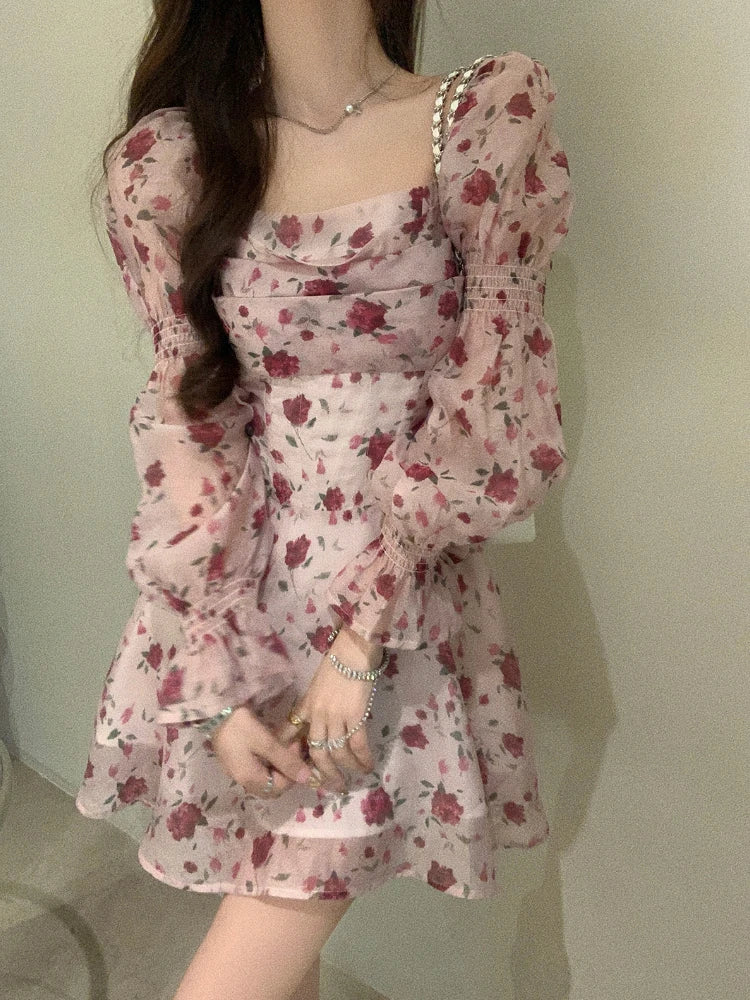 jinran Autumn Vintage Sweet Dress Women Chiffon Floral Bodycon Mini Dress Female korean Party Beach Long Sleeve Casual Dresses 2024