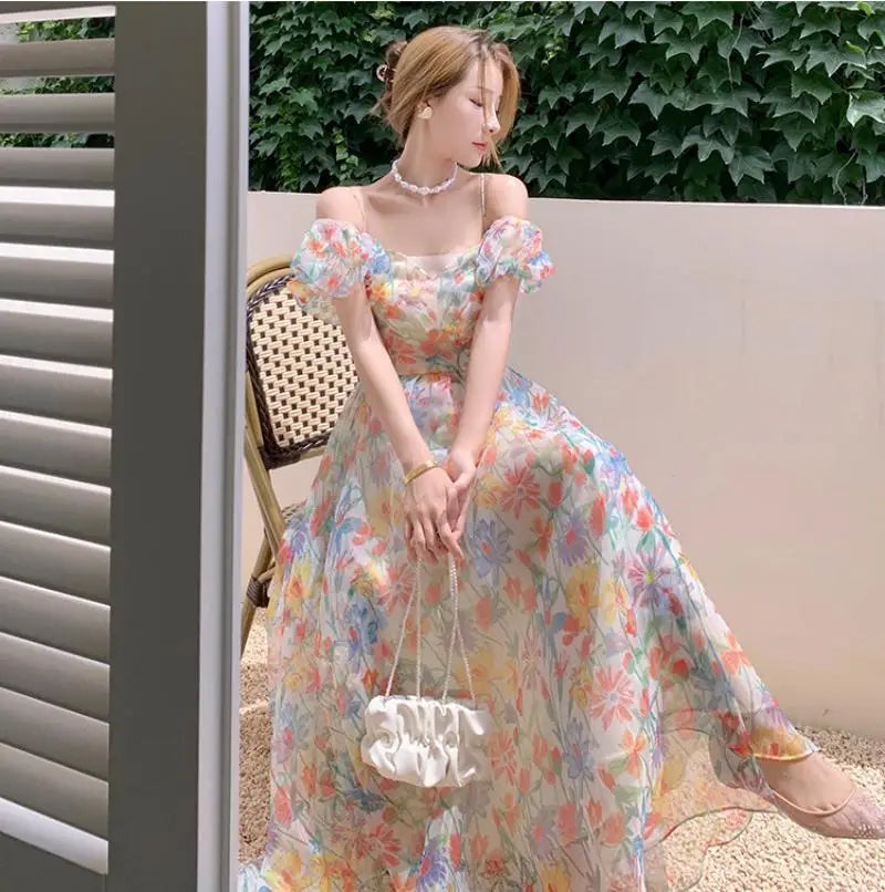 jinran Women's French First Love Puff Sleeves Floral Long Dress Summer Dresses Cool and Breathable Bare Shoulder Korean Fashion 2024