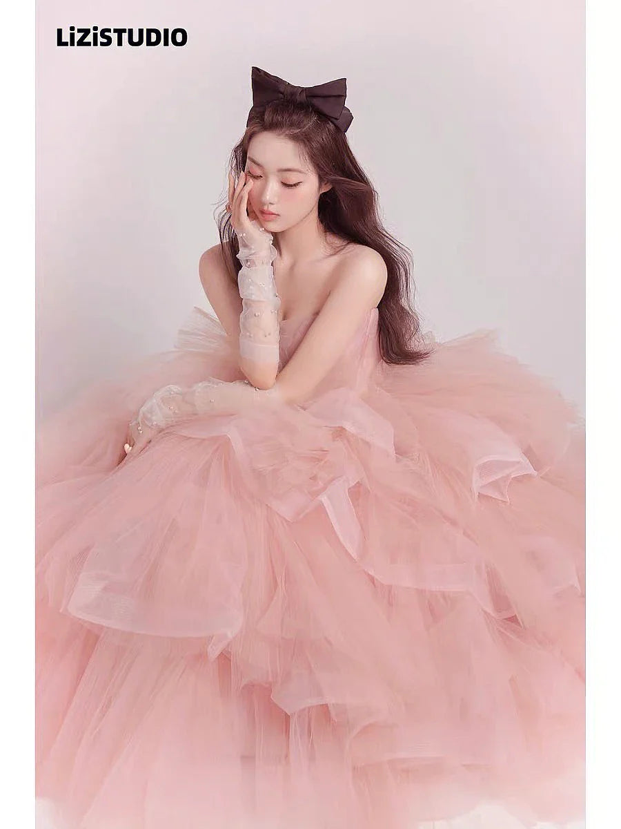 jinran Fairy Prom Dresses Sweetheart Sleeveless Cake Tiered Ruffle Quinceanera Pink Corset Lace-up Birthday Wedding Evening Gowns New