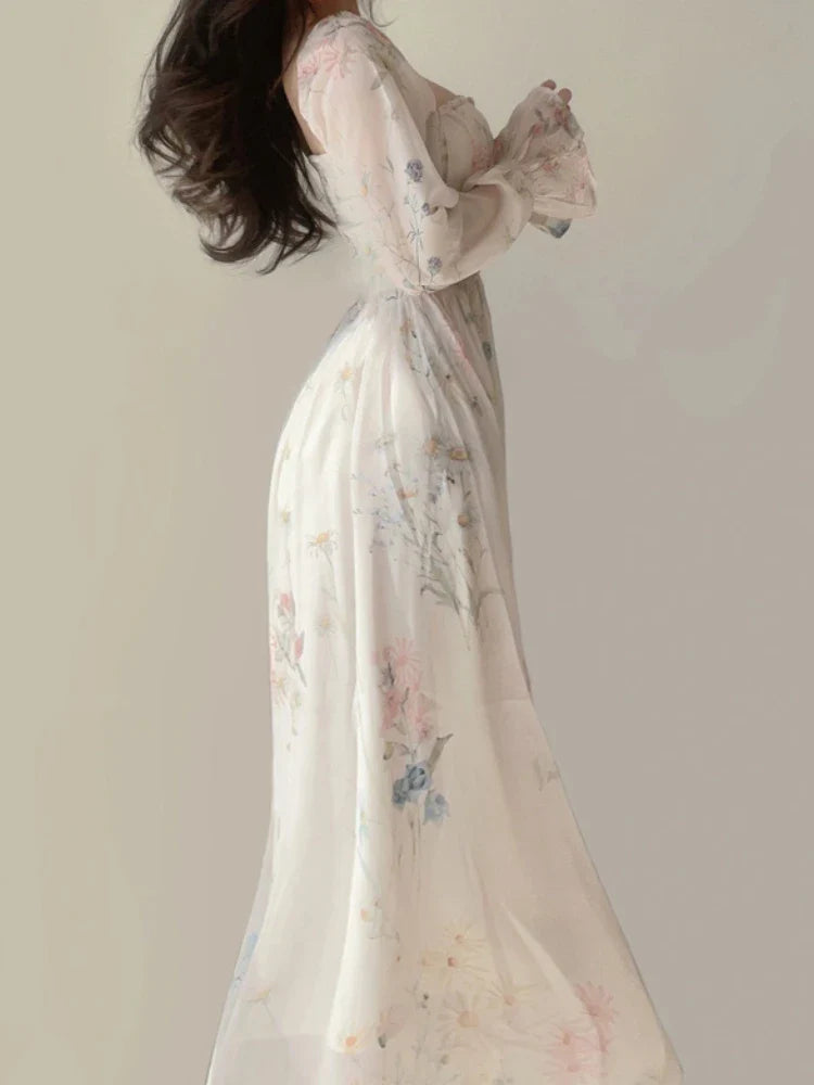 jinran 2024 Summer Elegant Floral Fairy Dress Woman Beach Style Party Long Sleeve Midi Dress Fashion Female One Piece Dress Korean Boho
