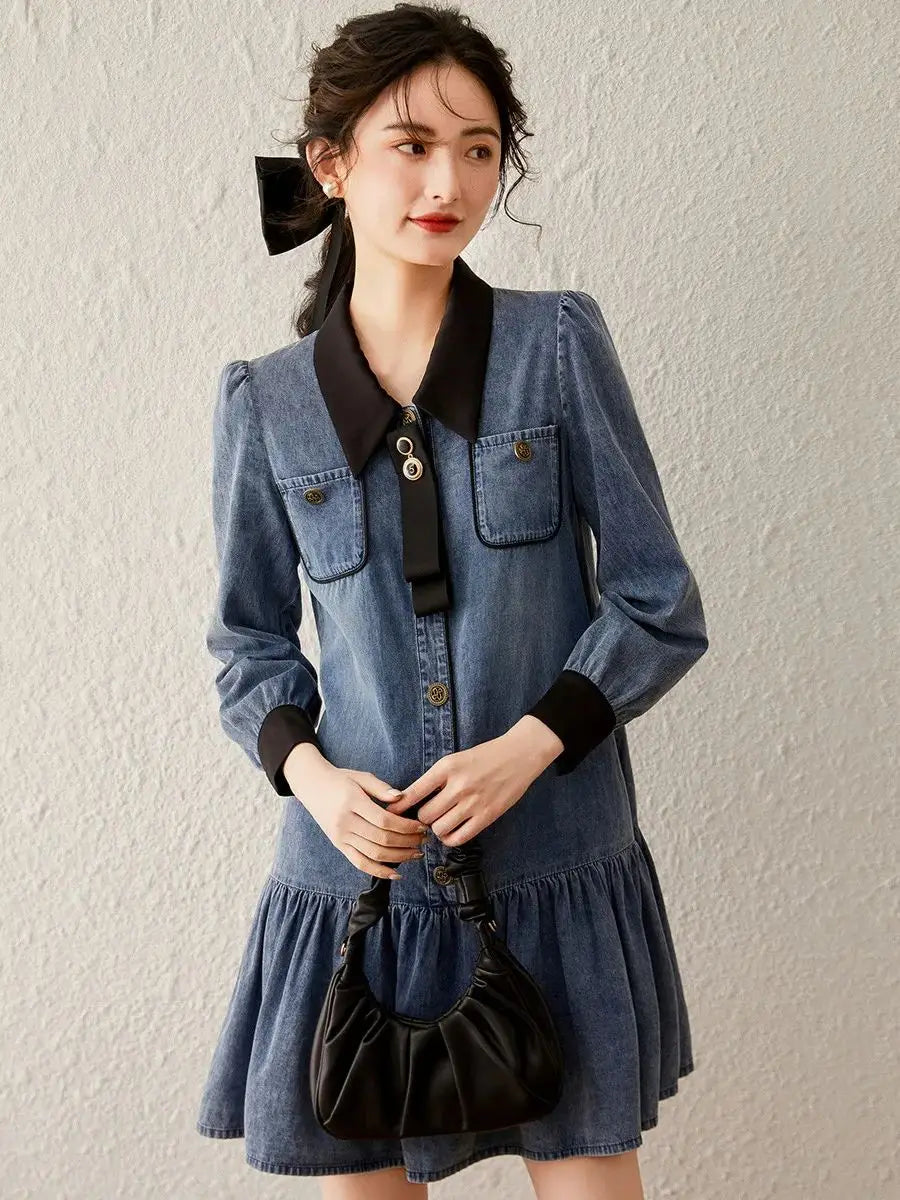 jinran Women Dress 2024 Summer Fashionable Washed Denim Dress Detachable Bow Tie Long Sleeve Polo Neck Short Dress for Women