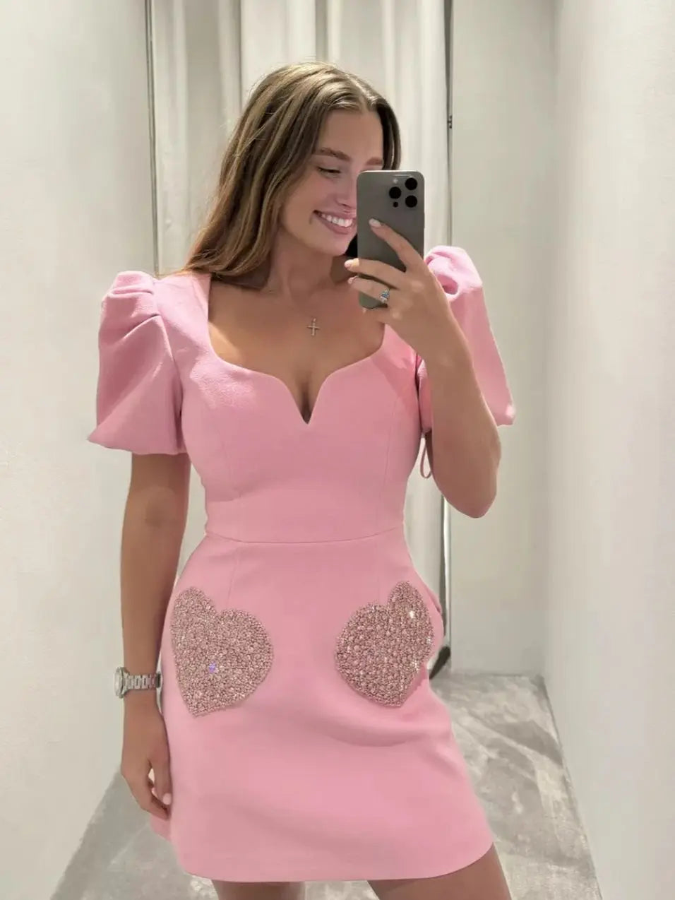 jinran 2024 Summer Dress Women Heart Shaped Sequins Party Mini Dress Female Puff Sleeve V Neck Robe Slim Elegant Pink Dresses Clothes