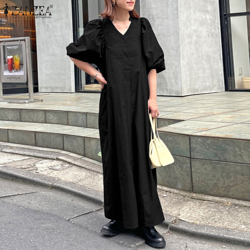 jinran Women Casual V Neck Solid A-Line Vestido 2022 Fashion Long Puff Sleeve Sundress Holiday Dress Retro Kaftan Dress Oversize