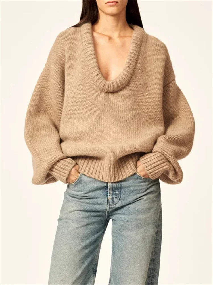 nvxiot - Autumn Knit Sweater Pullover Loose Female Casual Patchwork Scoop Neck Striped Long Sleeve Knitwear Women Y2k Top Pullover
