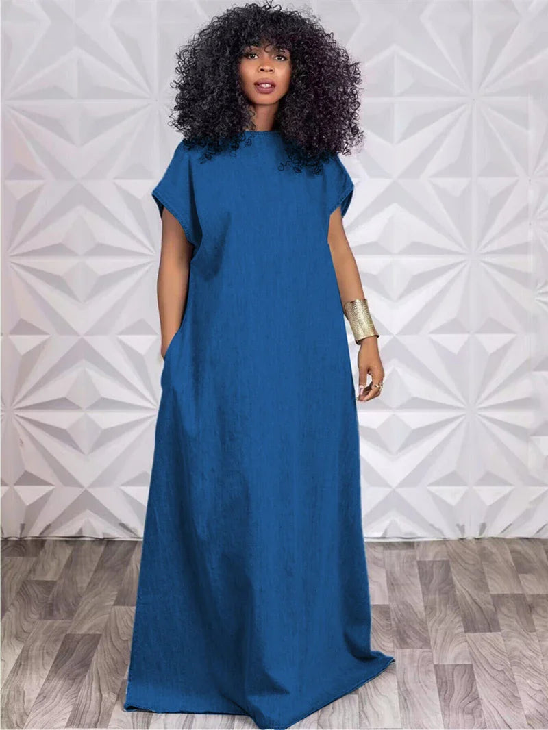jinran Vintage Denim Dresses for Women Summer Clothing Batwing Short Sleeve V-Back Maxi Long Dress Casual Loose Jean Dress Robe Femme