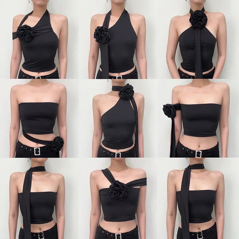 jinran Summer Black Sexy Tank Tops For Women New Solid Appliques Sleeveless Backless Streetwear Crop Top Fashion Casual Camisole Female