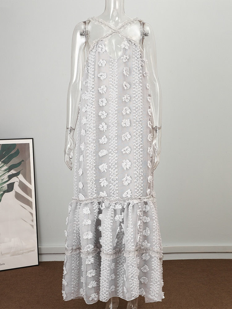 jinran Sleeveless Halter Maxi Summer Dress For Women Fashion Ruffle Beach Long Robe Elegant Slip Holiday Hollow Out Sundress