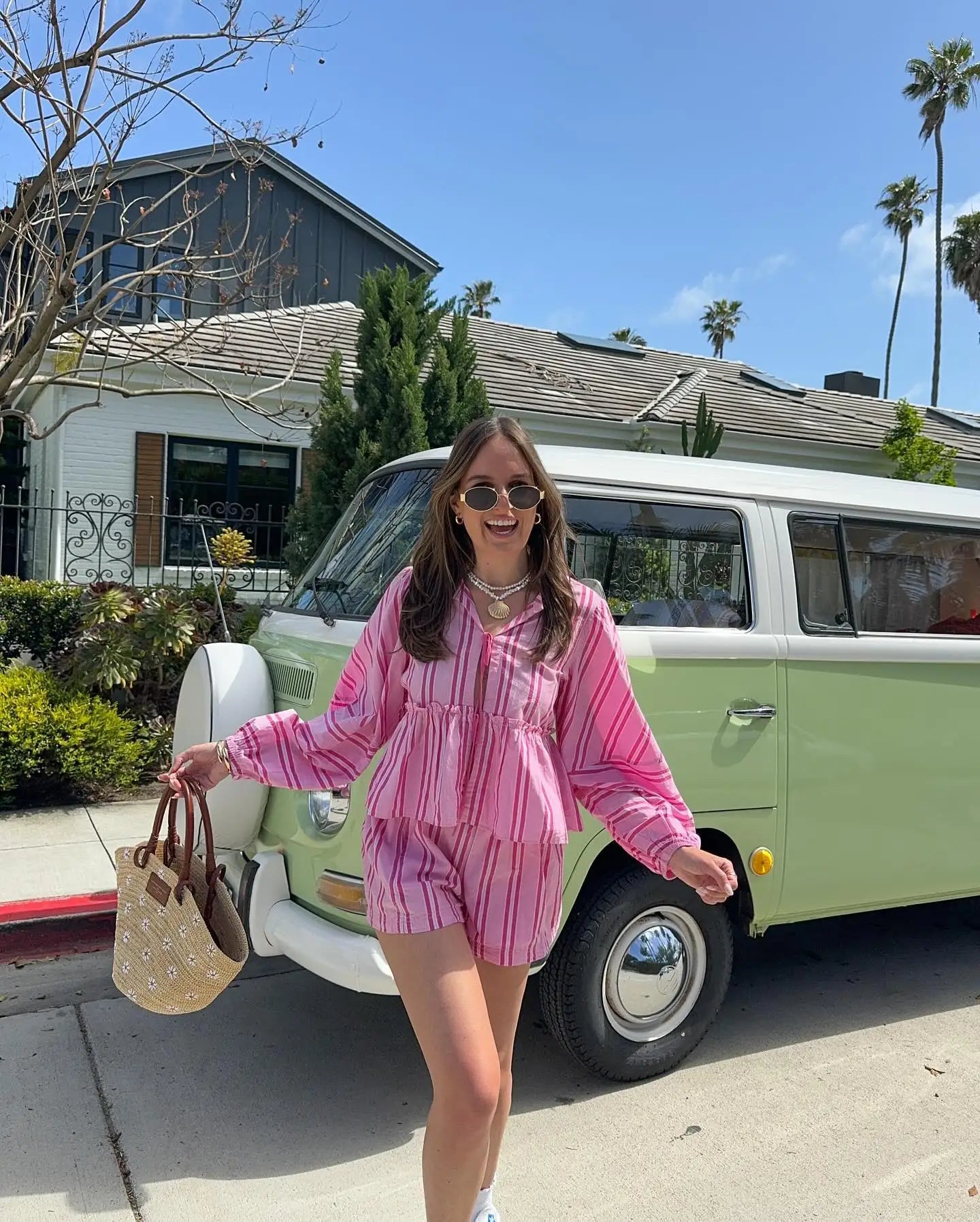 jinran Striped Lace Up Shorts Suit Women Ruffles Hollow Out Long Puff Sleeve Shirt Wide Leg Short Pant Sets 2024 Summer Holiday Outfit