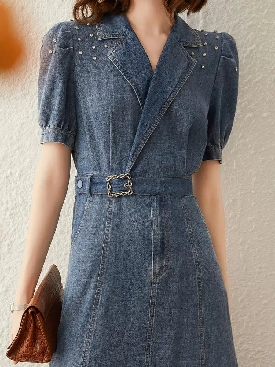 jinran Women Denim Dress 2024 Summer Dress Turn Down Collar Puff Short Sleeve with Belt Knee Length Long Washed Denim Dress