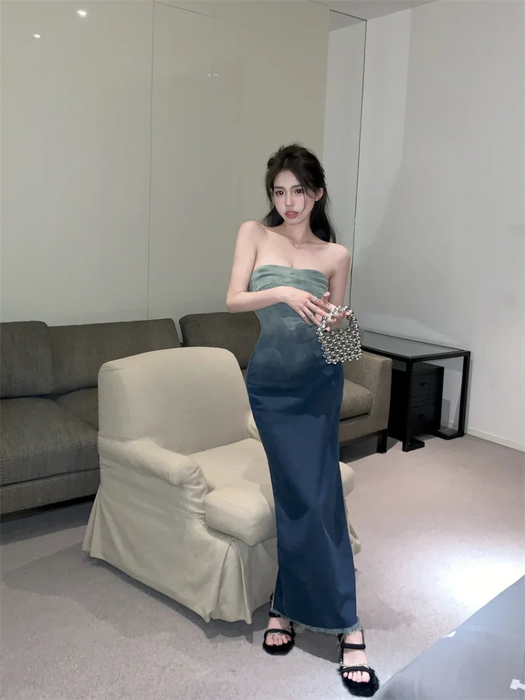 jinran Eroticis Backless Zipper Split Dress Party Blue Denim Female Long Dress for Women Clothes Summer Gradient Bandeau Denim Dresses