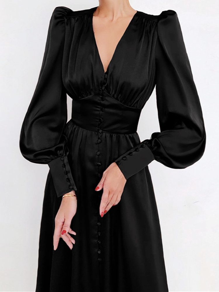 jinran Women Autumn Puff Sleeve Elegant Dress Long Sleeve V Neck Slim Waist Long Dress Korean Fashion Vintage Dresses Female
