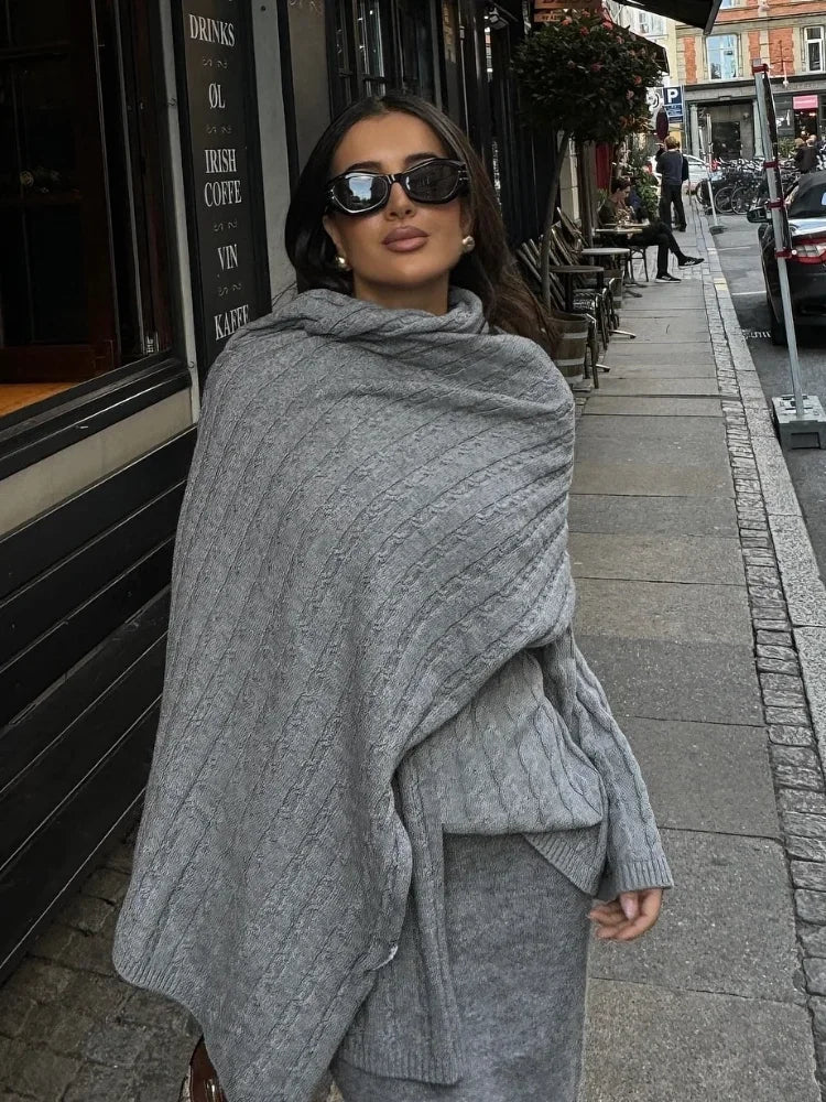 nvxiot - Autumn Solid Pleated Scarf Twisted Knitted Sweater Women Chic Long Flare Sleeve O-neck Knit Pullover 2024 Lady Streetwear