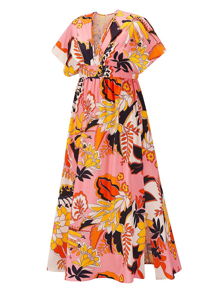 jinran Summer Split Dress Female Bat Sleeve V-neck Printed Large Swing Skirt Bohemian Beach Skirt Dress for Women Robe Dresses Women