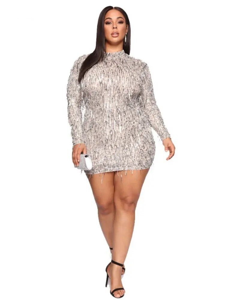 jinran - Eotvotee Sequins Tassel Dress for Women 2023 New Slim Long Sleeve Half High Collar Dresses Office Ladies Sexy Club Mini Dress