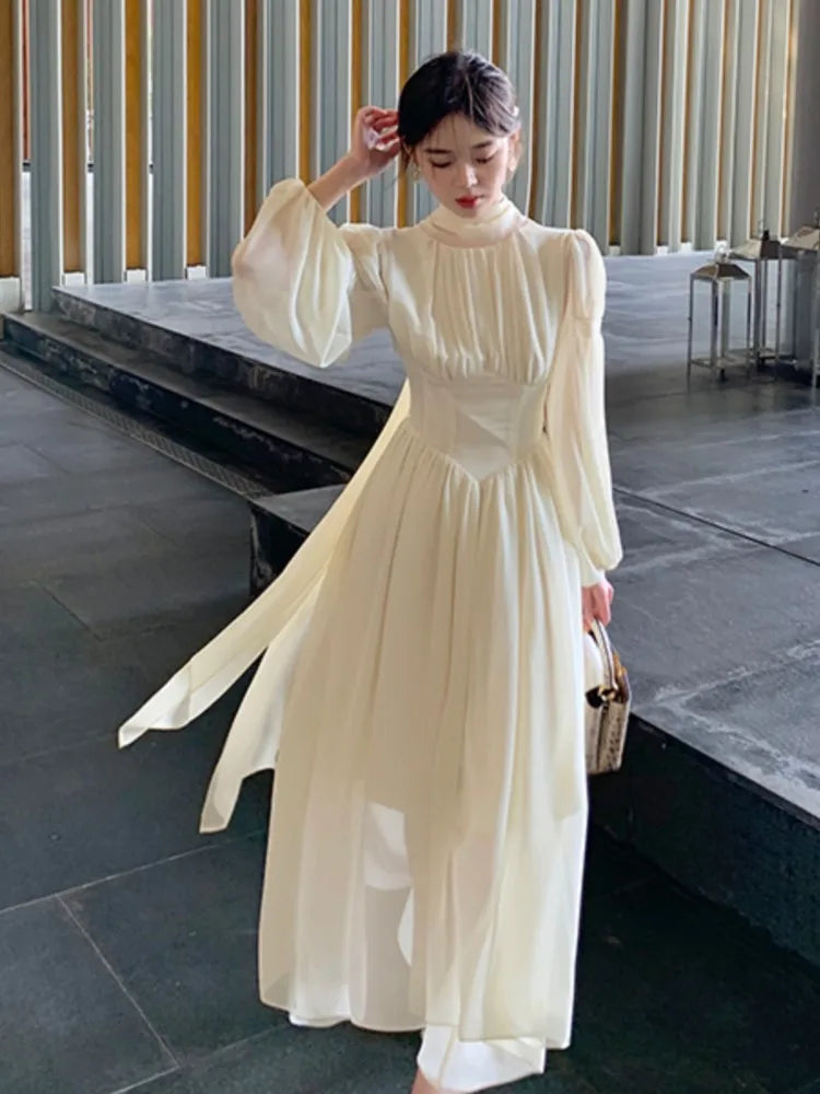 jinran French Elegant Slim Ruffle Dress Summer Women Graduation Evening Party Robe Female Bubble Sleeve Korean Chiffon Vestidos
