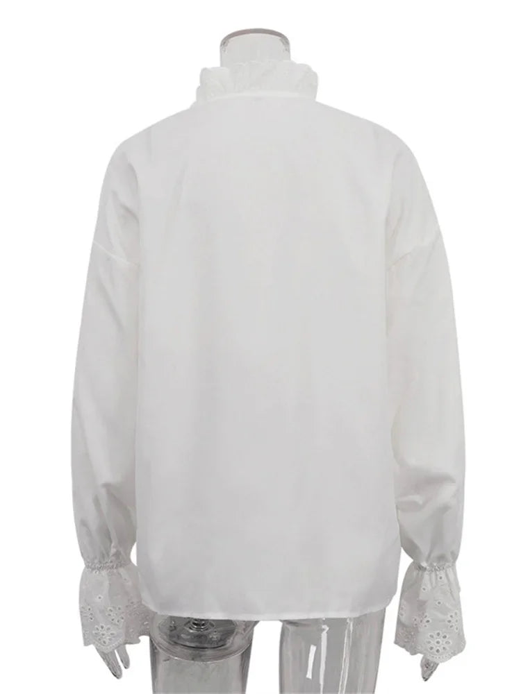 nvxiot - Female Glitter Ruffled Shirts Top Inner Patchwork Long Sleeve Casual Commute Clothes Hollow Out Elegant Women's Blouses