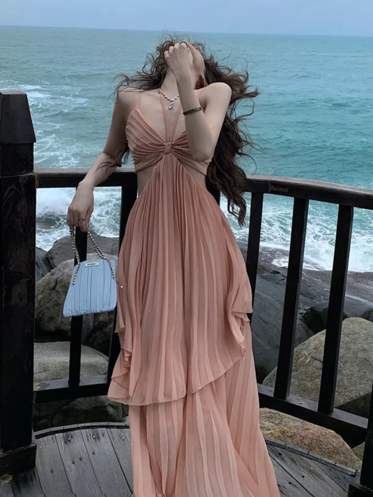 jinran Summer New Fashion Women Sexy Pleated Boho Long Dress Vacation Beach Strap A line Ladies Robe 2024 Sundress