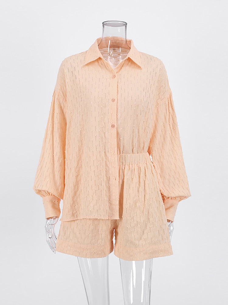 jinran White Elegant Jacquard Fabric Soft Vacation Suits Women Long Sleeves Shirts And Hot Pants Two Pieces Outfits Summer