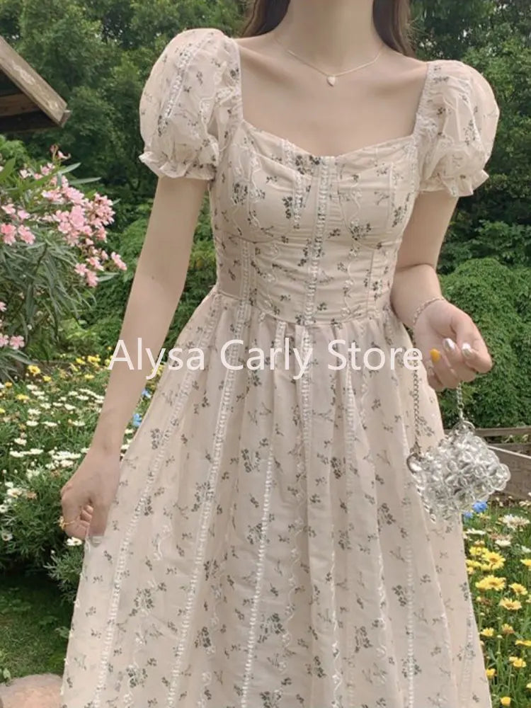jinran Vintage Puff Sleeve Fairy Midi Dress Women Sweet Elegant Korean Style Floral Dress Female 2023 Summer Casual Party Dresses Chic