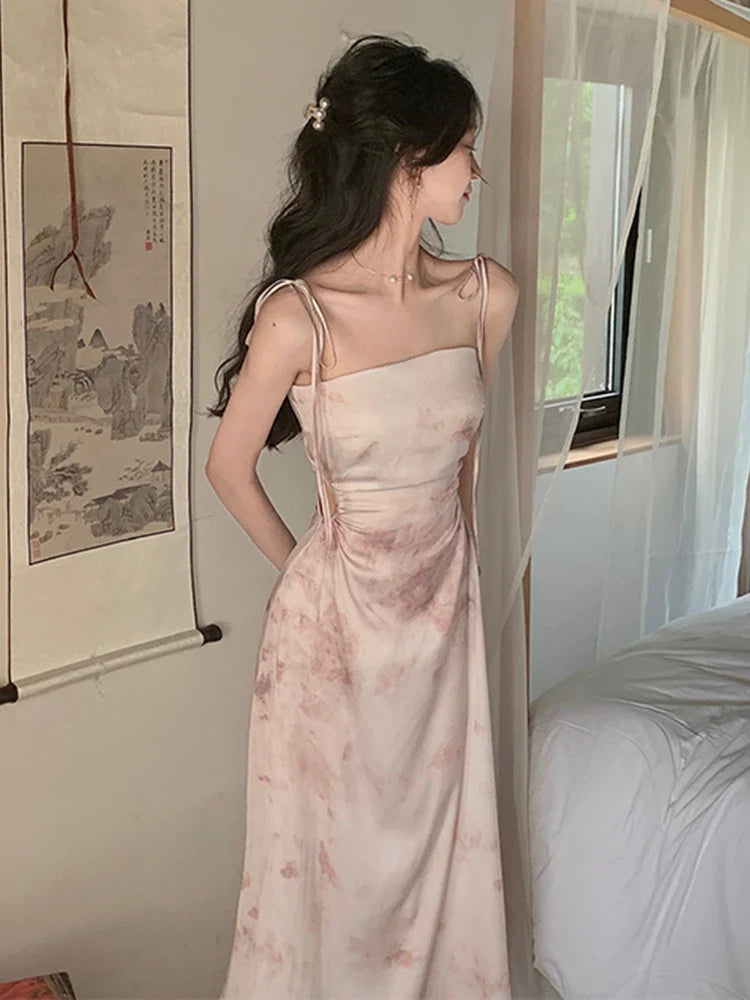 jinran Sexy Satin Midi Dress Women Spaghetti Strap Backless Summer Holiday Slim Vintage Wedding Prom Robe One Piece Vestidos Mujer New